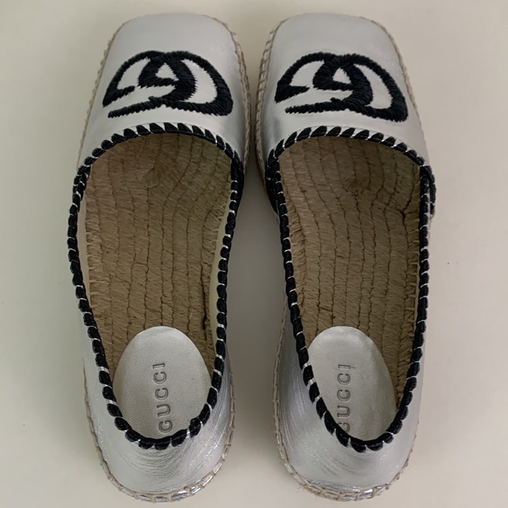 NEW Gucci Espadrille Size 37 (7) GG Marmont Silver Metallic - Picture 6 of 14
